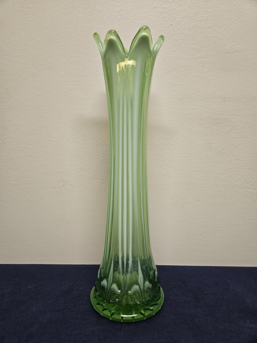 12.5" Tall Northwood Green Opalescent Glass Fluted Vase